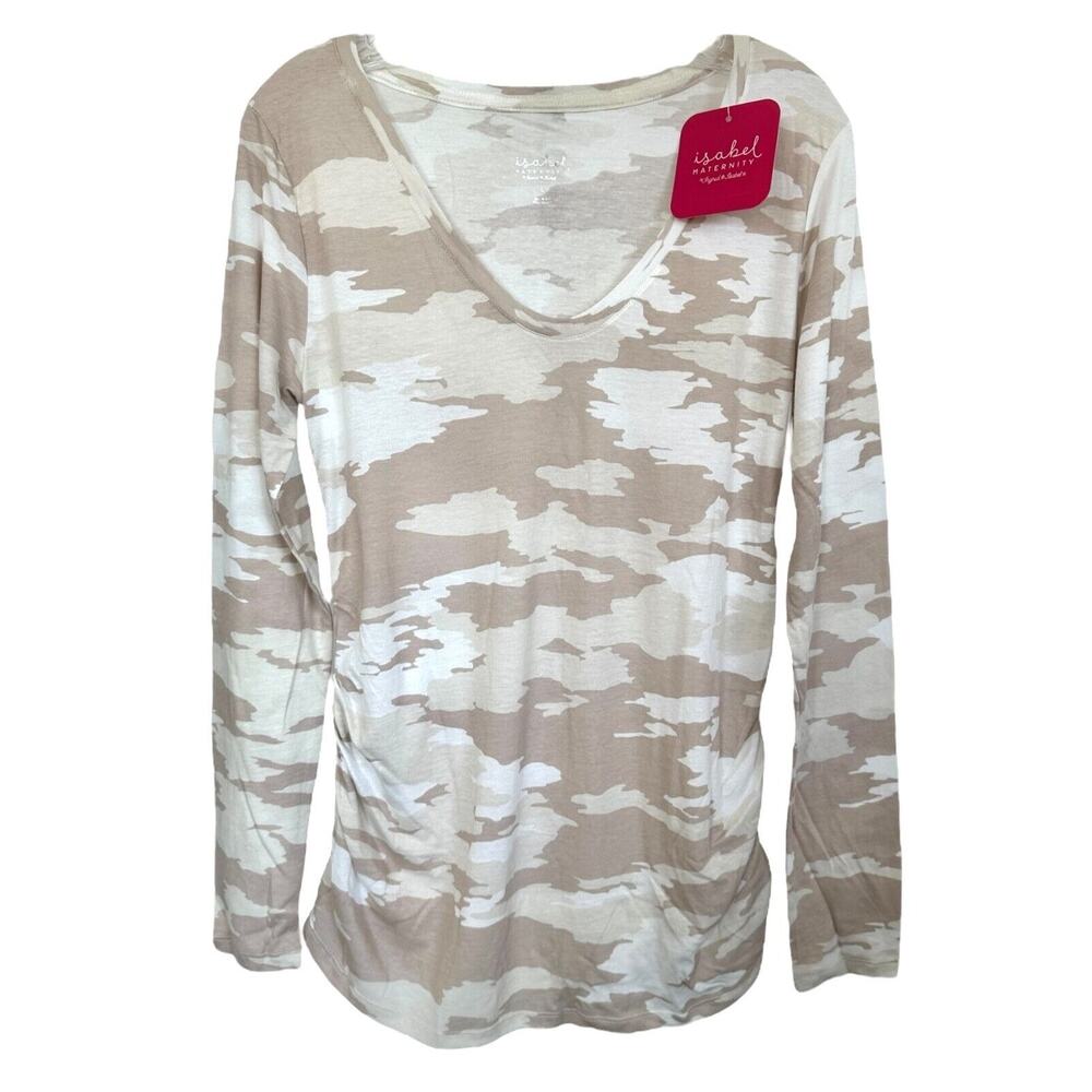 Isabel Maternity Women's Long Sleeve Scoop Neck Shirred Top Size L Beige Printed